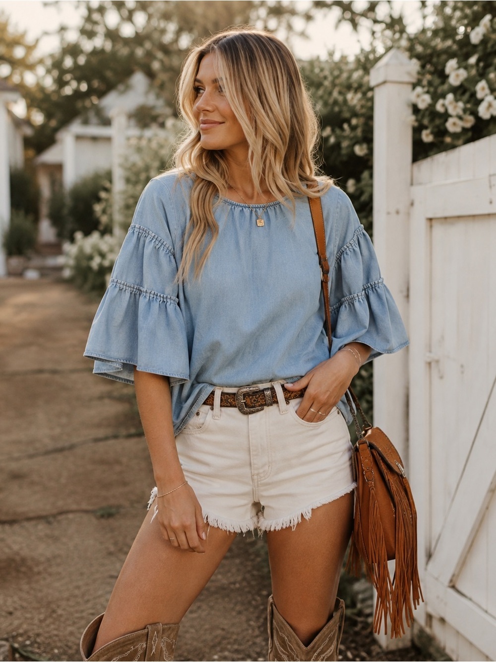 Massimo Dutti Lyocell Chambray Ruffle Sleeve Blouse Coastal Cowgirl | Size US 8